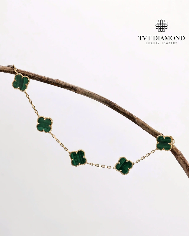 Lắc tay Van 5 bông đá xanh vàng vàng 18k